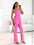 Women Backless Strapless Zipper Pocket Top and Stretch Pants Two-piece Set