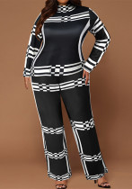 Plus Size Women Stand Collar Striped Long Sleeve Top and Straight Pants Two-piece Set