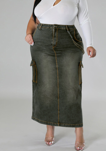 Plus Size Women Denim Strap Slit Skirt