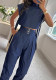 Women Casual Belt Decorated Turtleneck Short Sleeve Top and Pants Two-piece Set