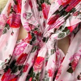 Women French Retro Floral Chiffon Chic Pleated Skirt