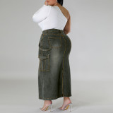 Plus Size Women Denim Strap Slit Skirt