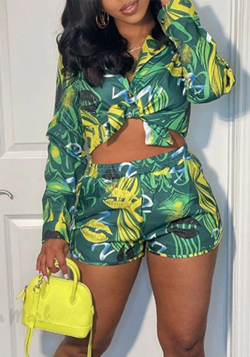 Women summer printed long-sleeved shirt and shorts Casual two-piece set