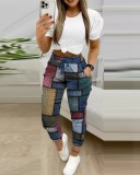 Women Casual Chic Top and Printed Pants Two-piece Set