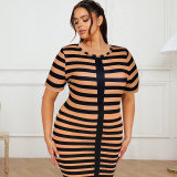 Plus Size Women knitting striped print short-sleeved Round Neck dress