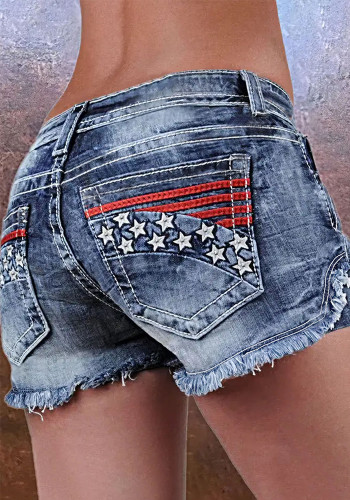 Women's Fashionable Stretch Patch Embroidered Ripped Denim Shorts
