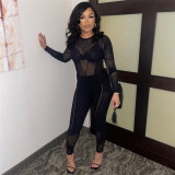 Spring Solid Round Neck Long Sleeve Sexy See-Through Mesh Jumpsuit