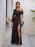 Women's Sexy Sequined Long Dress High Slit Slash Shoulder Chic Evening Gown