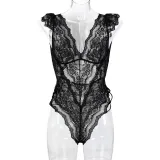 Women's Black Lace Deep V Neck Sexy Bodysuit