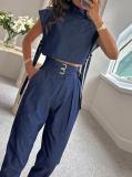 Women Casual Belt Decorated Turtleneck Short Sleeve Top and Pants Two-piece Set