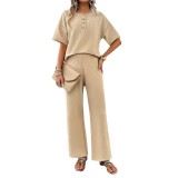 Women's Spring Summer Casual Solid Color Knitting Short Sleeve Two Piece Pants Set