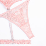 Pink Lace Strap See-Through Mesh Sexy Lingerie Set