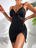 Sexy Temptation Lingerie Lace Patchwork Night Dress Thong Two-Piece Set