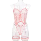 Pink Lace Strap See-Through Mesh Sexy Lingerie Set