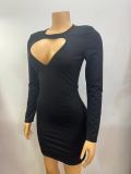 Women Sexy Heart Shape Hollow Bodycon Solid Long Sleeve Dress