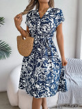Spring/Summer Casual V-Neck Button Bat Sleeves Flower Casual Dress Women's Clothing