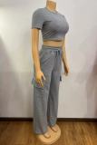 Women Casual Stretch Short Sleeve Top and Solid Wide Leg Pants Set