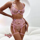 Pink Butterfly Patches Embroidered Hollows Sexy Three-Piece Lingerie Set