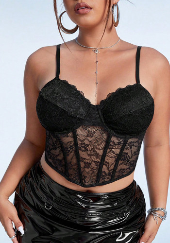 Sexy Plus Size Camisole Strap Lace See-Through Top