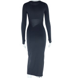 Women's Solid Color Round Neck Long-Sleeved Sexy Hollow Slit Dress