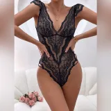 Women's Black Lace Deep V Neck Sexy Bodysuit