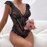 Women's Black Lace Deep V Neck Sexy Bodysuit