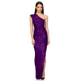 Women's One-Shoulder Sleeveless Sequined Slit Evening Party Dress