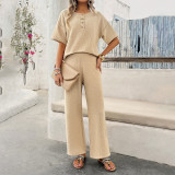Women's Spring Summer Casual Solid Color Knitting Short Sleeve Two Piece Pants Set