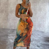 Women Sexy Printed Stretch Shoulder Top and Bodycon Skirt Two-piece Set