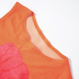 Women's Summer Casual Printed Round Neck Sleeveless See-Through Mesh Slim Long Dress