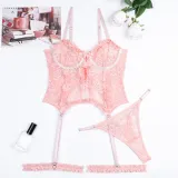 Pink Lace Strap See-Through Mesh Sexy Lingerie Set