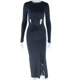 Women's Solid Color Round Neck Long-Sleeved Sexy Hollow Slit Dress