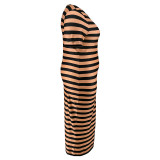Plus Size Women knitting striped print short-sleeved Round Neck dress
