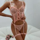 Pink Lace Strap See-Through Mesh Sexy Lingerie Set
