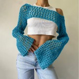 Sexy Hollow Knitting Shirt Solid Color Round Neck Long-Sleeved Cape Blouse