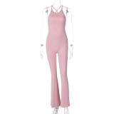 Women's Summer Fashion Solid Color Sports Yoga Low Back Strap Jumpsuit