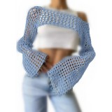 Sexy Hollow Knitting Shirt Solid Color Round Neck Long-Sleeved Cape Blouse