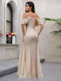 Summer Women's Strap Fishtail Sequined Dress Mesh Patchwork Off-Shoulder Slim Waist Gown