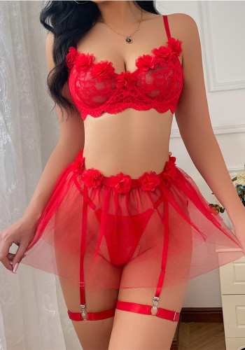 Women's Sexy Red Push-Up Bra See-Through Lace Skirt Thong Temptation Lingerie