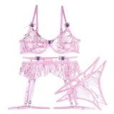 Pink Butterfly Patches Embroidered Hollows Sexy Three-Piece Lingerie Set