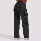 Pockets Denim Cargo Pants Loose Casual Trousers