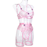Pink Butterfly Patches Embroidered Hollows Sexy Three-Piece Lingerie Set