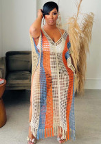 Women's Striped V-Neck Fringed Knitting Beach Dress