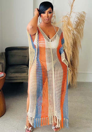 Women's Striped V-Neck Fringed Knitting Beach Dress