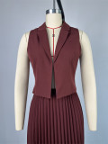 Women's Summer Turndown Collar Vest Top Pleated Skirt Suit