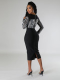 Women Sexy Long Sleeve Beaded Crop Top and Skirt Two-piece Set