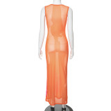 Women's Summer Casual Printed Round Neck Sleeveless See-Through Mesh Slim Long Dress
