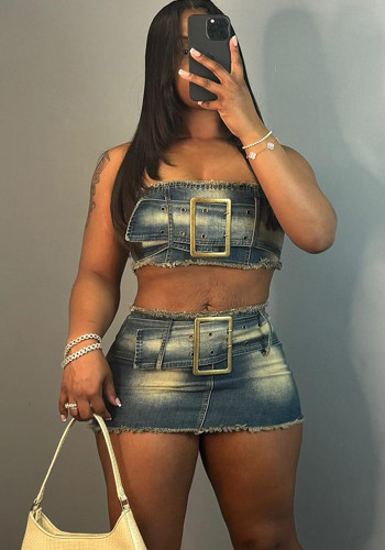 Women's Sexy Denim Strapless Belted Top Fashion Slim Skirt Set Two Piece Set