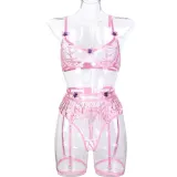 Pink Butterfly Patches Embroidered Hollows Sexy Three-Piece Lingerie Set