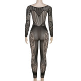 Spring Solid Round Neck Long Sleeve Sexy See-Through Mesh Jumpsuit